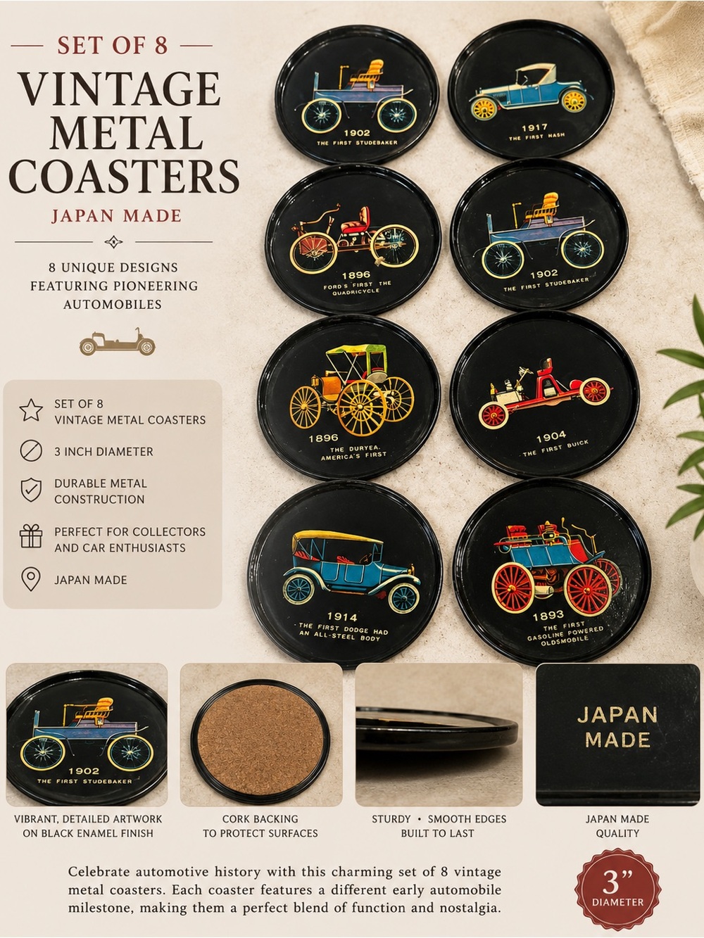 Vintage Metal Car metal Coaster Set - Automobile Designs (Set of 8) Japan made